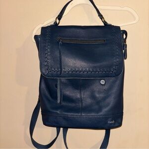 The Sak Blue Pebbled Leather and Canvas Whipstitch Flap Backpack